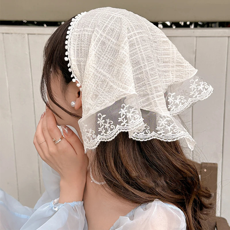 Lace Flower Embroidered Hair Scarf Bohemia Bandana White Hairband Summer Triangle Scarf Women Girl Headscarf 250610