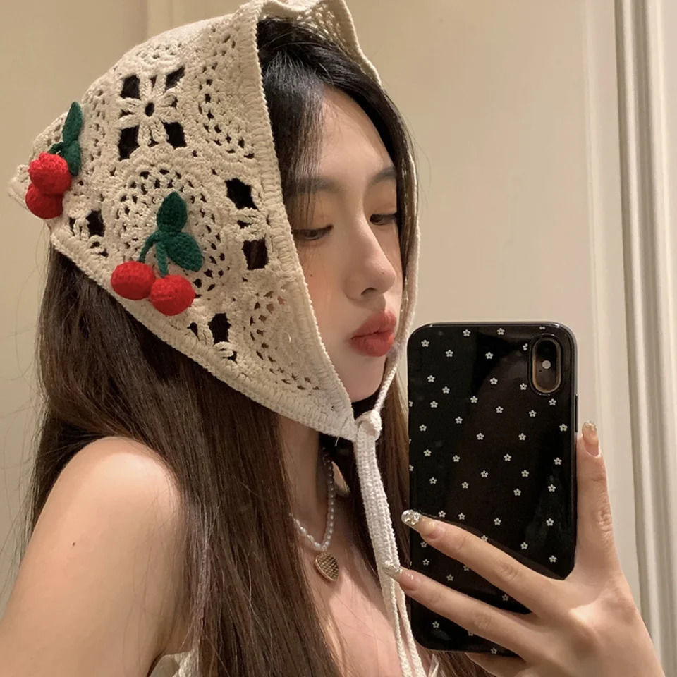 Knitted Triangle Headband Cute Little Cherry French Pastoral Style Headband Towel Handmade Crochet Headscarf Hat Girls 250610