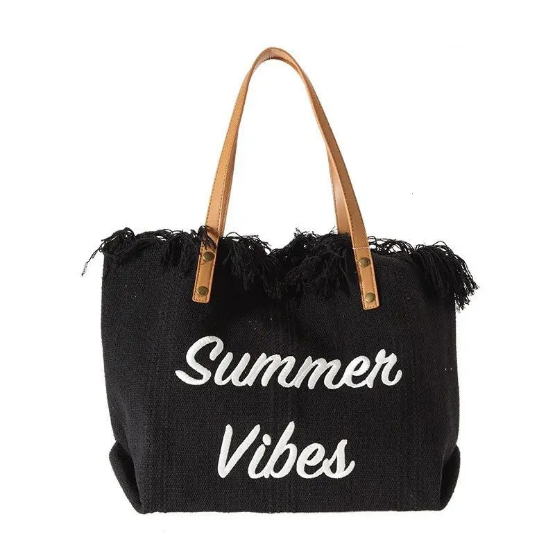 2025 New Fashion Woven Canvas Beach Tassel Embroidery Letters Womens Large Capacity Tote Hand Magnetic Snap Single-shoulder Bag R250616