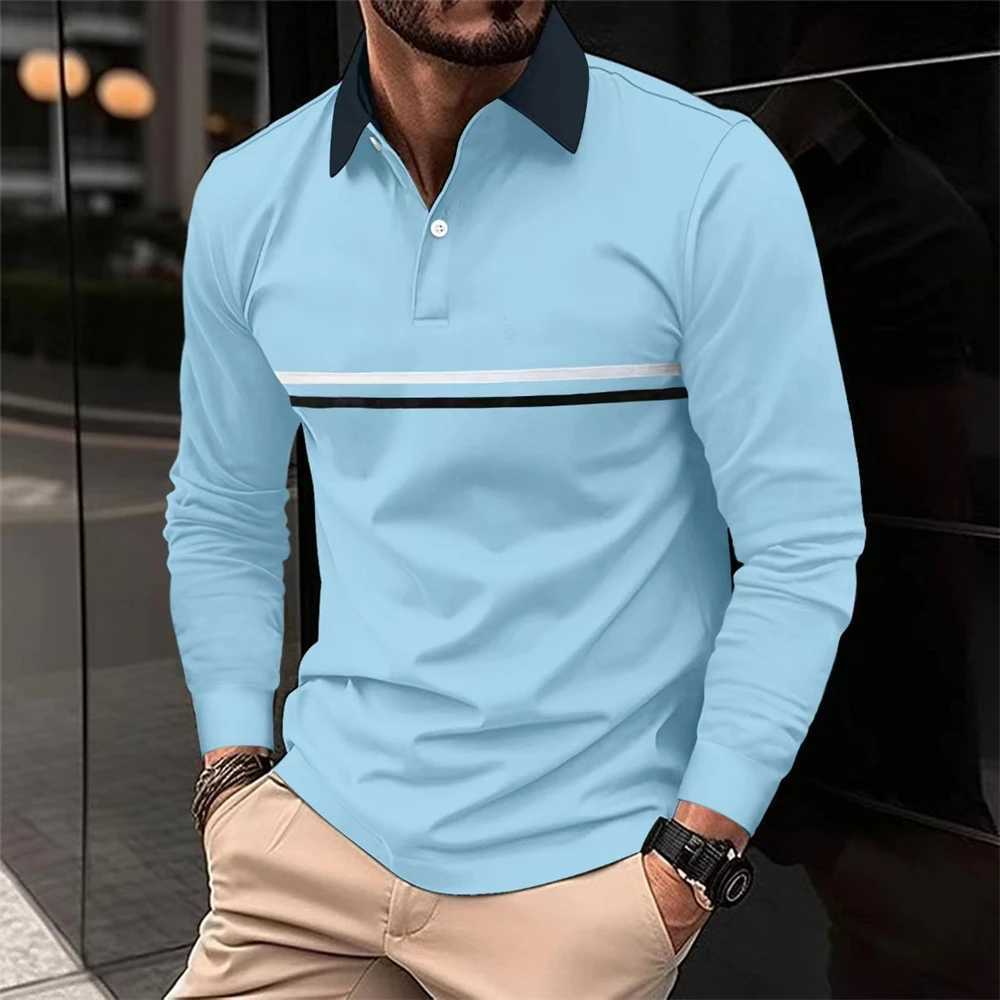 2024 Men New Stripe Long Sleeve Polo Shirt Men Casual Simple Style Polo Shirts Spring Fall Stand Basic Blouse Tees Mens Clothing W250616