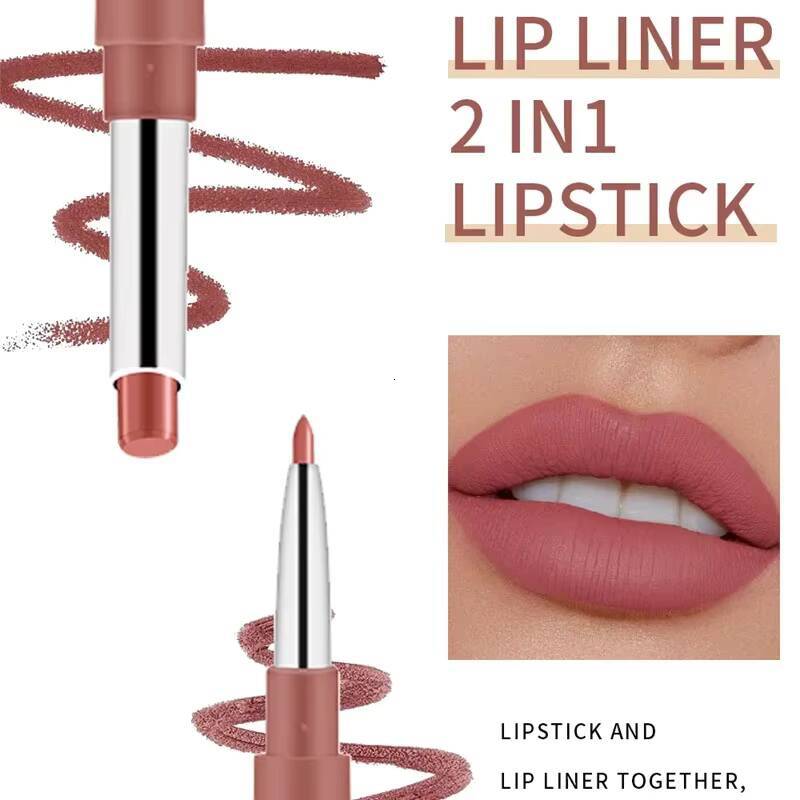 12 Color Matte Lipstick Liner 2 In 1 Velvet Makeup Lipsticks Long Lasting Durable Waterproof Red Lipliners Lips Make Up happy