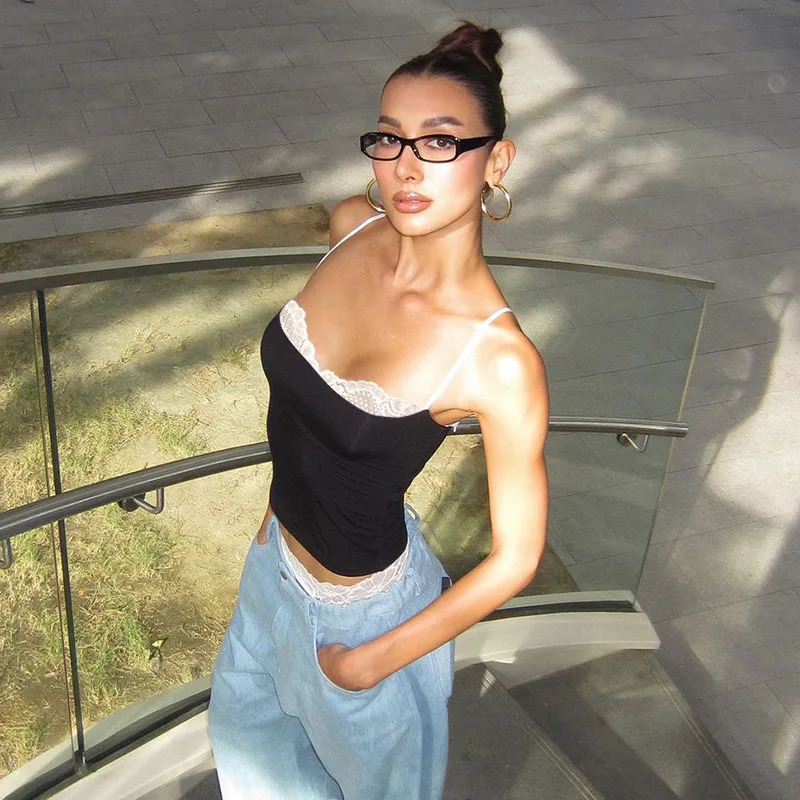 Cryptographic Summer Lace Trim Camisole Tops Club Party Outfits Backless Streetwear Sleeveless Crop Top Coquette Clothes 250614