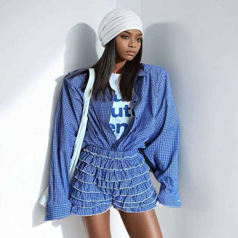 DEAT Fashion Casual Two-pieces Set Plaid Single-breasted Shirt High Elastic Waist Pleated Shorts Female Trendy 33A3795