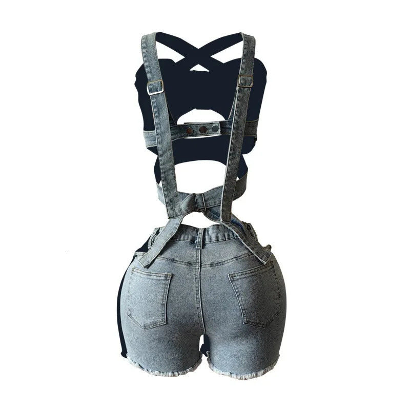 2 Piece Set Denim Shorts Suit Sexy Vest Top Strap Backless Jeans Short Pants Pockets Outfits 2025 Streetwear Ensemble 250612