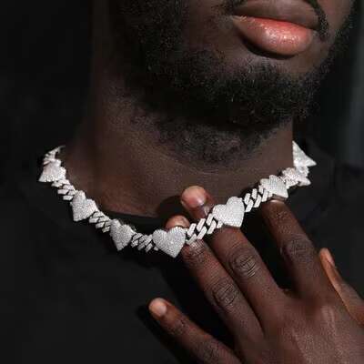 Unisex 925 Sterling Silver Hip Hop Jewelry Necklace Iced Full Moissanite Heart Cuban Chain Passes Diamond Test for Men Women