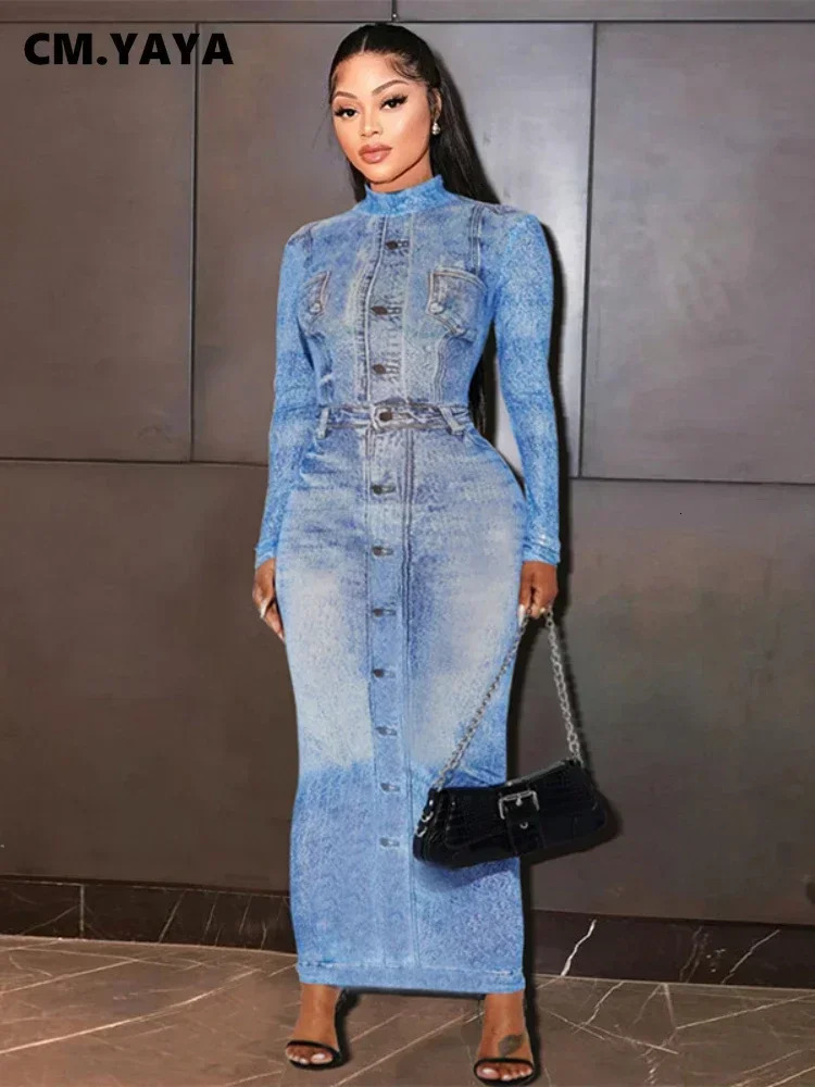 Women Long Sleeve Oneck Jean 3d Printed Bodycon Midi Maxi Dress 2023 Sexy Clubwear Evening Party Dresses Vestidos 250616