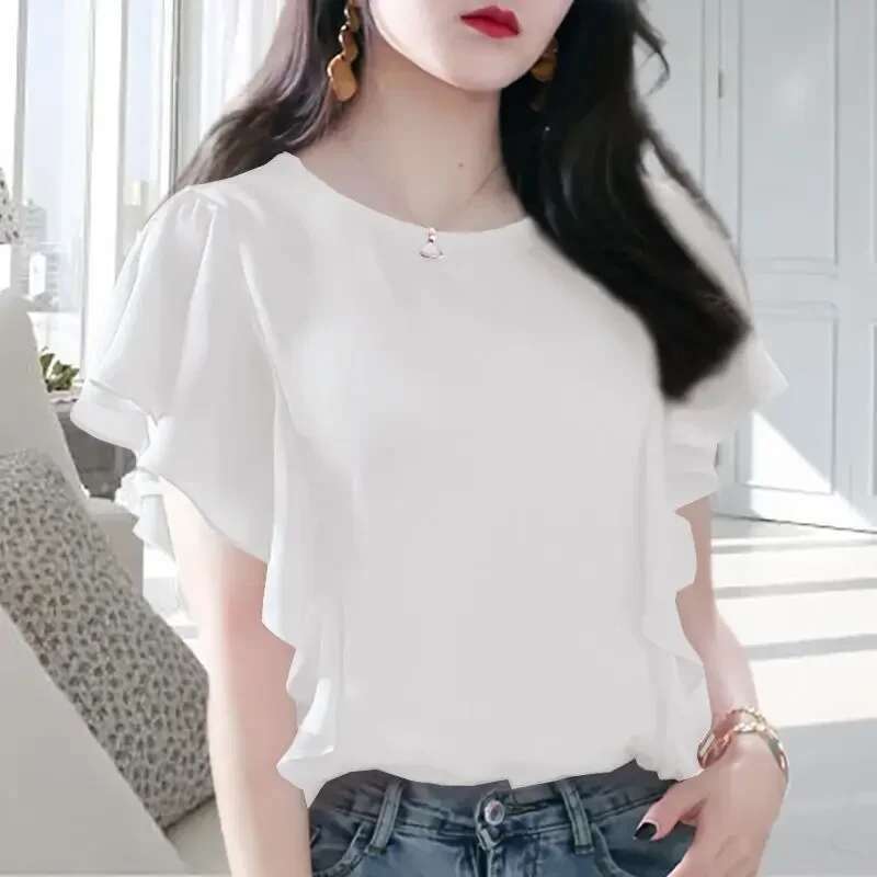 Woman Top Chiffon Ruffle Shirts Blouses for Women with Short Sleeve Frill Korean Reviews Clothes Fashion 2025 Elegant Chic New