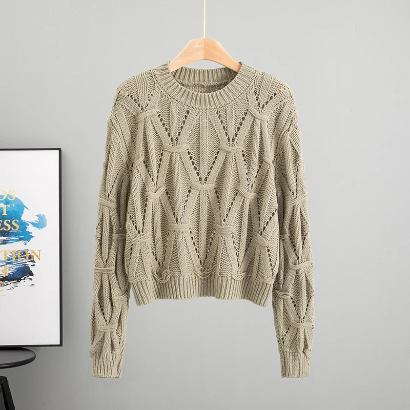 Womens Long Sleeve Top O Neck Knit Lady Autumn Spring Knitted Solid Hollow out Fashion pullover 250614
