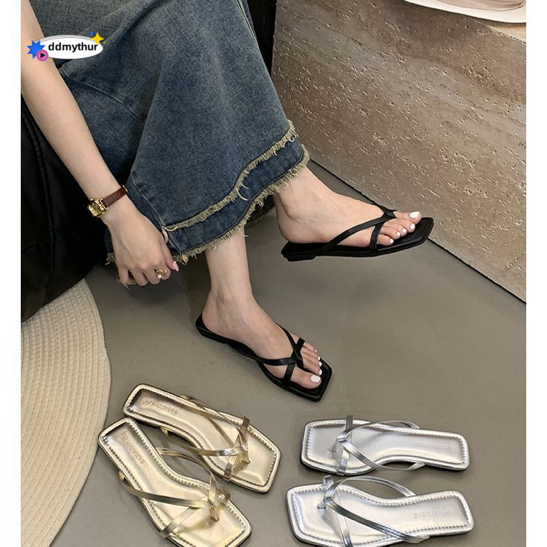 Flat Clip-On for Women, Outdoor Wear, 2025 Summer New Simple Elegant Korean Style Square Toe Beach Sandals ddmythur