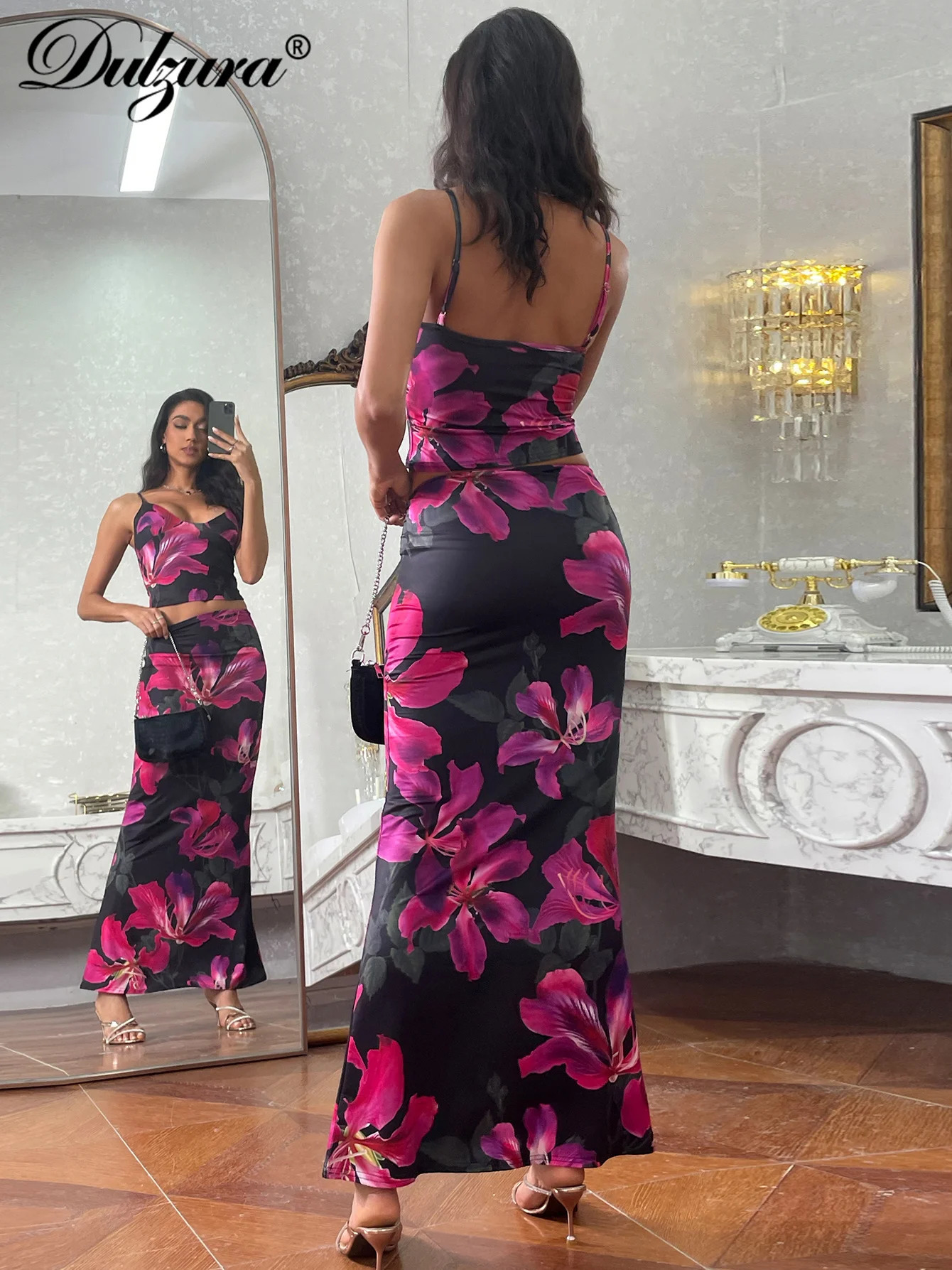 Dulzura Sexy Matching Suit Floral Print Tops Camisole Midi Skirt Dress Sets Women Outfits Y2K Clothes Lady Party Club Streetwear 250609