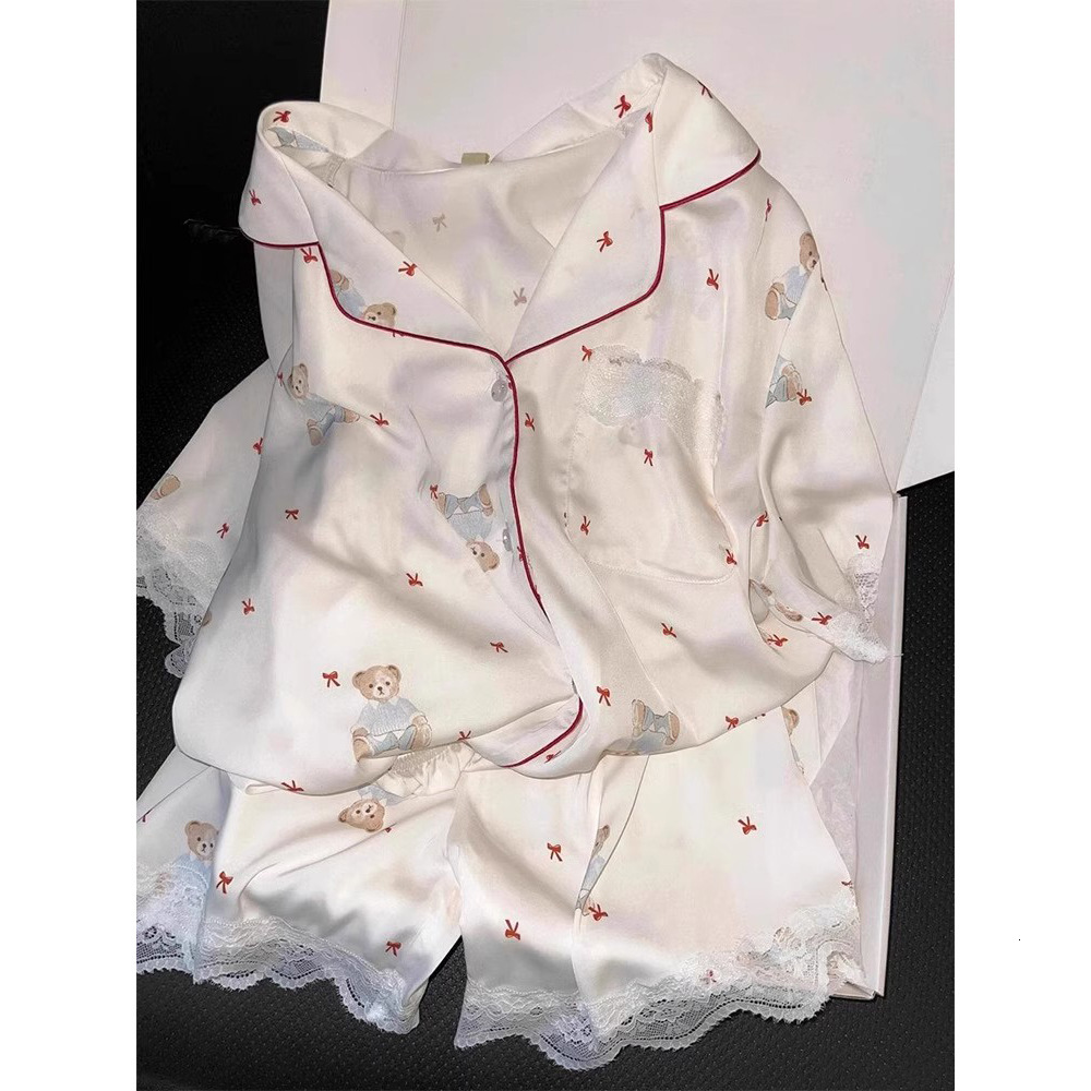 2025 New Ice Silk Women's Pajamas Summer Short Sleeve Set High end Silk Imitation Designer Home Clothes Cartoon Cute Coat 5