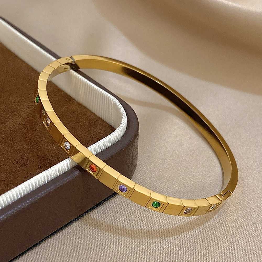 New Inlaid Square Small Colored Zircon Stainless Steel Bangle for Women Luxury Gold Plated Cubic Zirconia Z250616