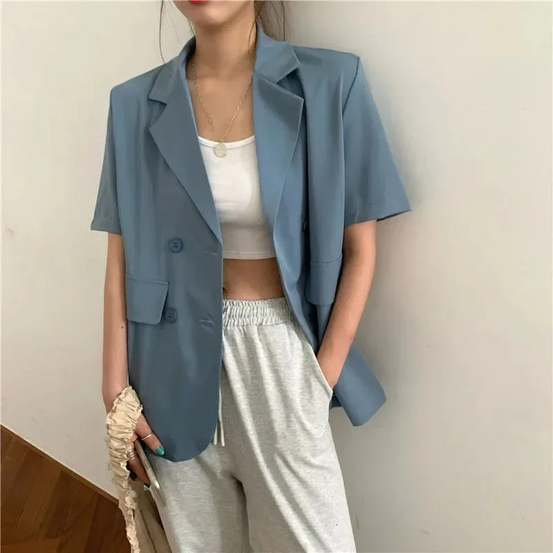 SMVP 2025 Womens Summer Short-sleeved Jacket Casual All-match Loose Double-breasted Blazers Coat Woman Korean Chic White Blazer 250614