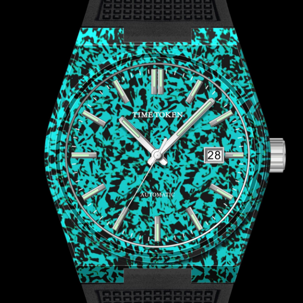 Unique Men's Watch TIME TOKEN with Luminous Carbon Fiber Case Japanese Miyota Movement Sapphire Crystal Fluororubber Strap Square Steel Buckle 10