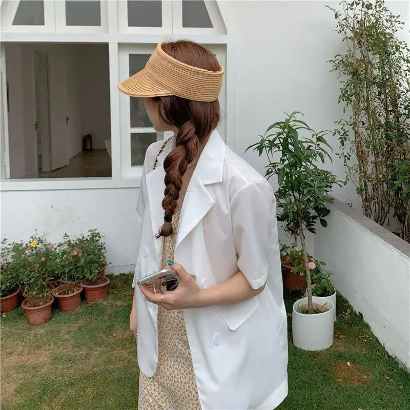 SMVP 2025 Womens Summer Short-sleeved Jacket Casual All-match Loose Double-breasted Blazers Coat Woman Korean Chic White Blazer 250614