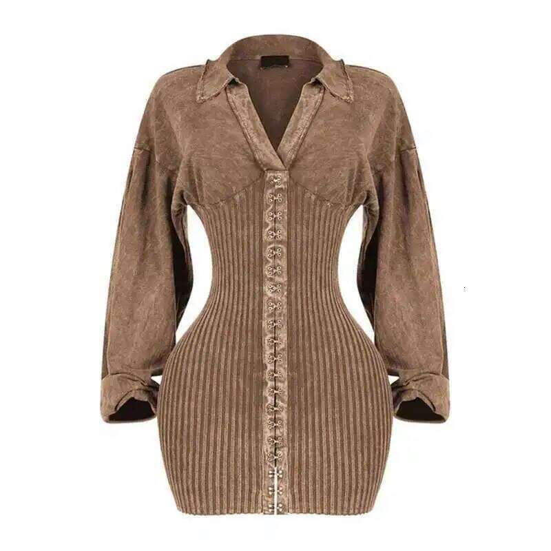 DEAT 2025 Spring New Arrival Long Sleeves Single Breasted V-neck Dresses For Women Fashion Wrap Hip Dress Female 33A2430