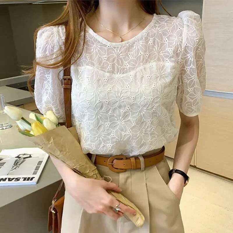 Womens Shirt and Blouse with Puffy Sleeves See-through Female Tops White Summer Print Transparent Cute Elegant Xl Social Youth