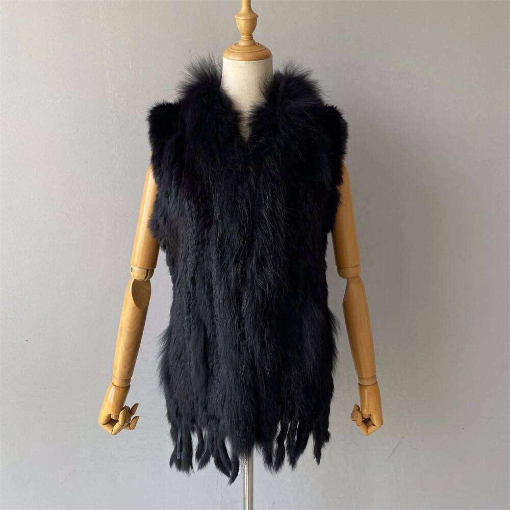 Jxwatcher Women's Real Rabbit Knitted Vest with Tassel Natural Warm Sleeveless Coat Ladies Genuine Fur Gilet New Arrival