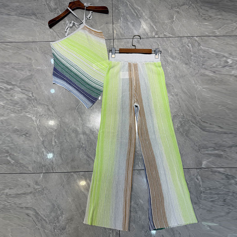Summer Women's Striped Metallic Trousers Set Trendy Runway Irregular Hem Off-Shoulder Top Elastic Waist Wide Leg Pants Two Color Classic Luxury C
