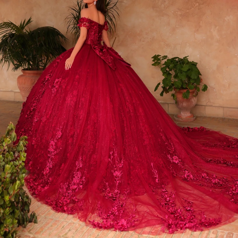 Red Quinceanera Dresses Ball Gown Off The Shoulder Applique Flower Beading Bow Tull Sweet 16 Dress Vestidos 15 De Anos