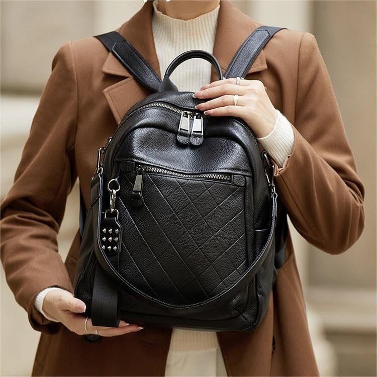 Wesccimo Genuine Backpack Purse For Women Black Quilted Real Soft Leather Fashion Designer Convertible Ladies Shoulder Bag