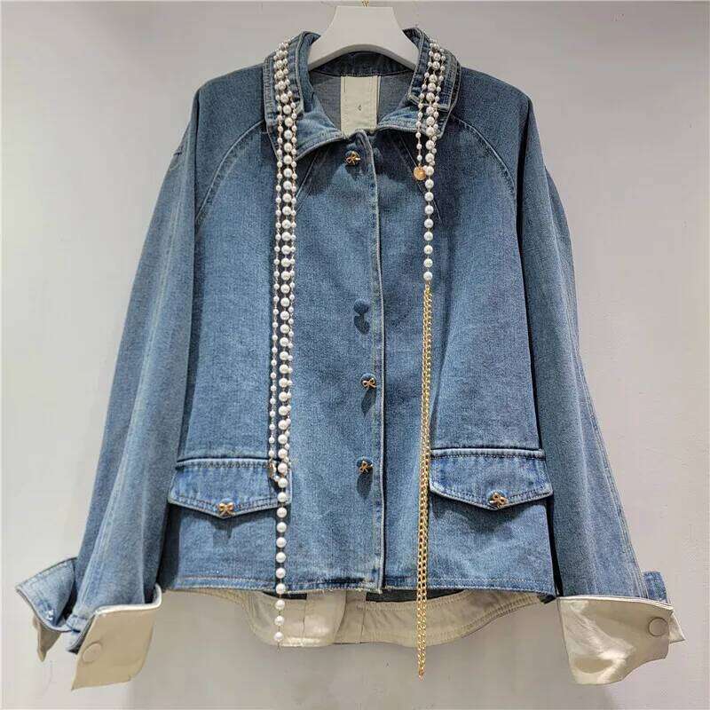 WTHT New Trendy Women's Pearl Chian Design Denim Jacket 2025 Spring Fashion Turn-down Collar Long Sleeves Coat Female 1LS1085