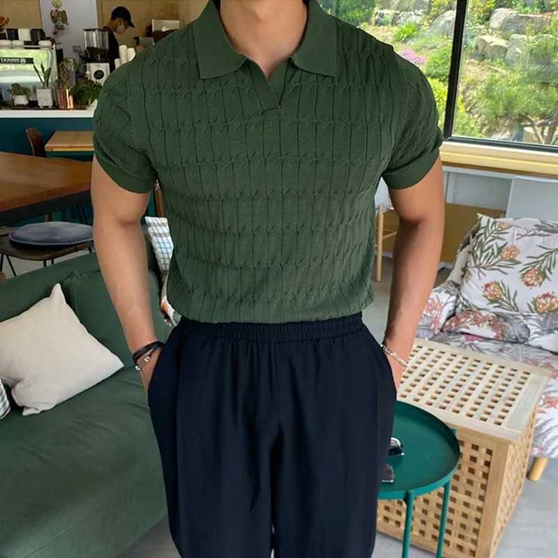 Summer Clothing Mens Luxury Knitted Jacquard Skinny Polo Shirt Korean Popular Breathable Leisure V Neck Short Sleeve Knitwear W250616