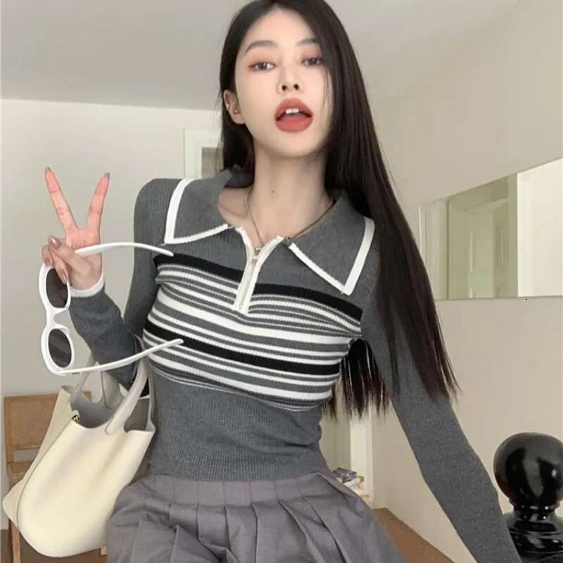 Clothing Long Sleeve Striped T-shirt Woman Knit Luxury Sale Aesthetic V Summer 2025 Tops New Cute Polo Neck Shirts for Women Hot
