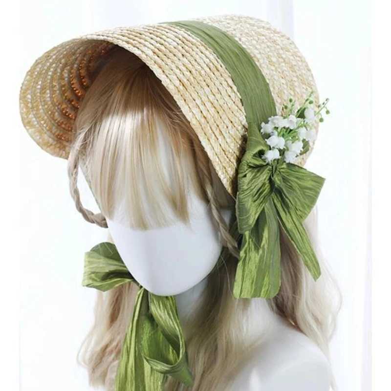 New Arrival Women Victorian Wedding Tea Party Bonnet Handmade Lolita Retro Green Flower Bow Beach Sun Straw Weaving Hat French Pastoral Cap U250616