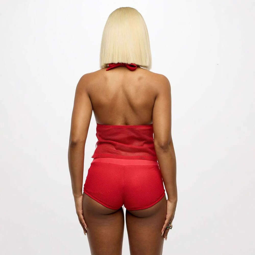 Summer Fashion Sexy Printed Breathable Mesh Halter Neck Tank Top Waist-Tied Hip-Lifting Shorts Set B5