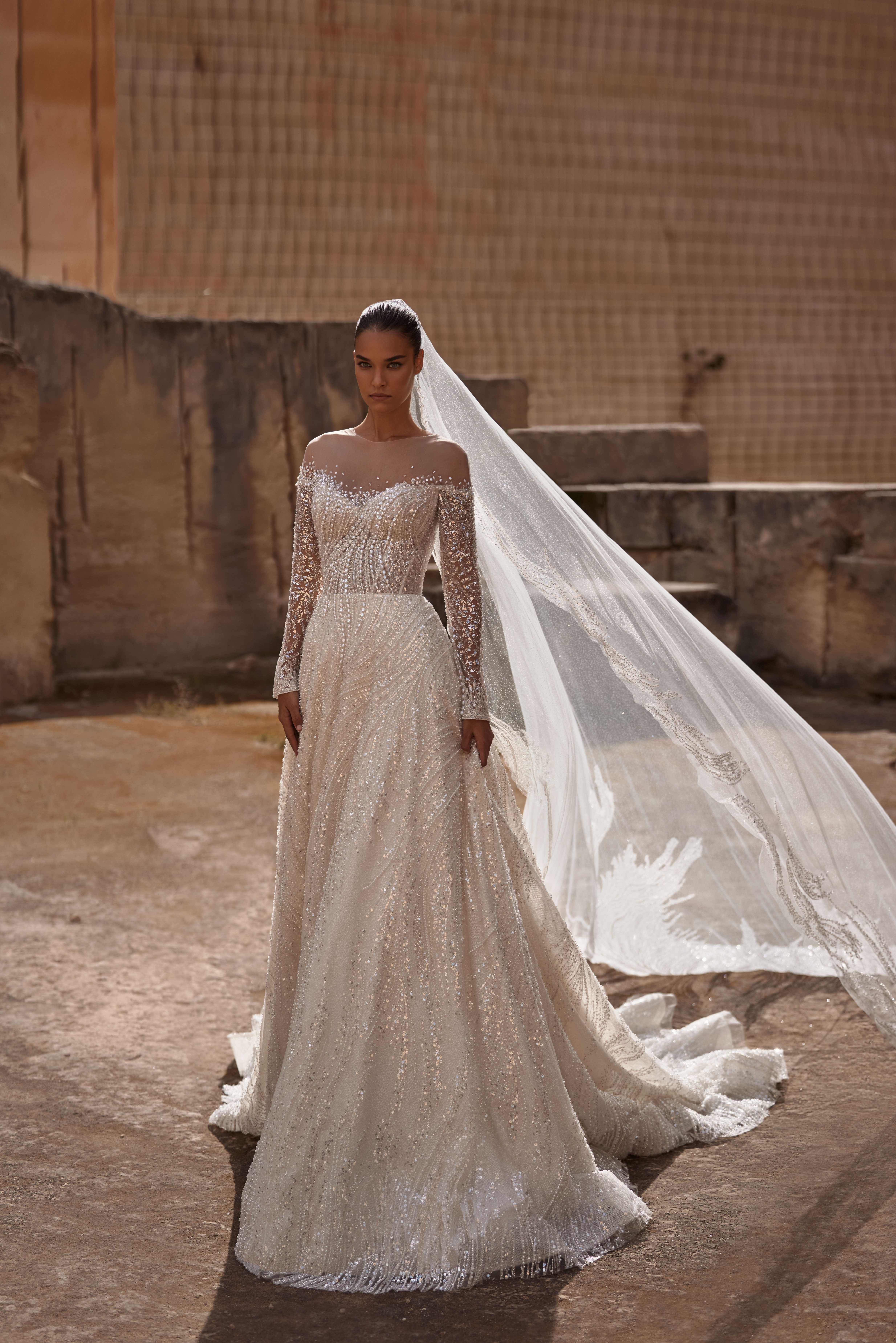 Gorgeous A Line Women Wedding Dress Sheer Neck Long Sleeves Bridal Gowns Beaded Sequins Sweep Train Dress Custom Made vestidos de novia