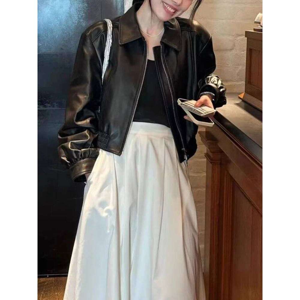 Korean Black Cropped Women Fashion Moto Biker Zipper Jacket Winter High Street Leather Coat Female