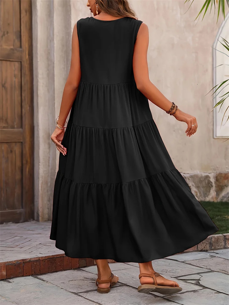 Women Dress Summer Casual Vacation Holiday Beach Long Dresses V-neck Loose Elegant Yellow Black RUFFLES Dress Femme 250614