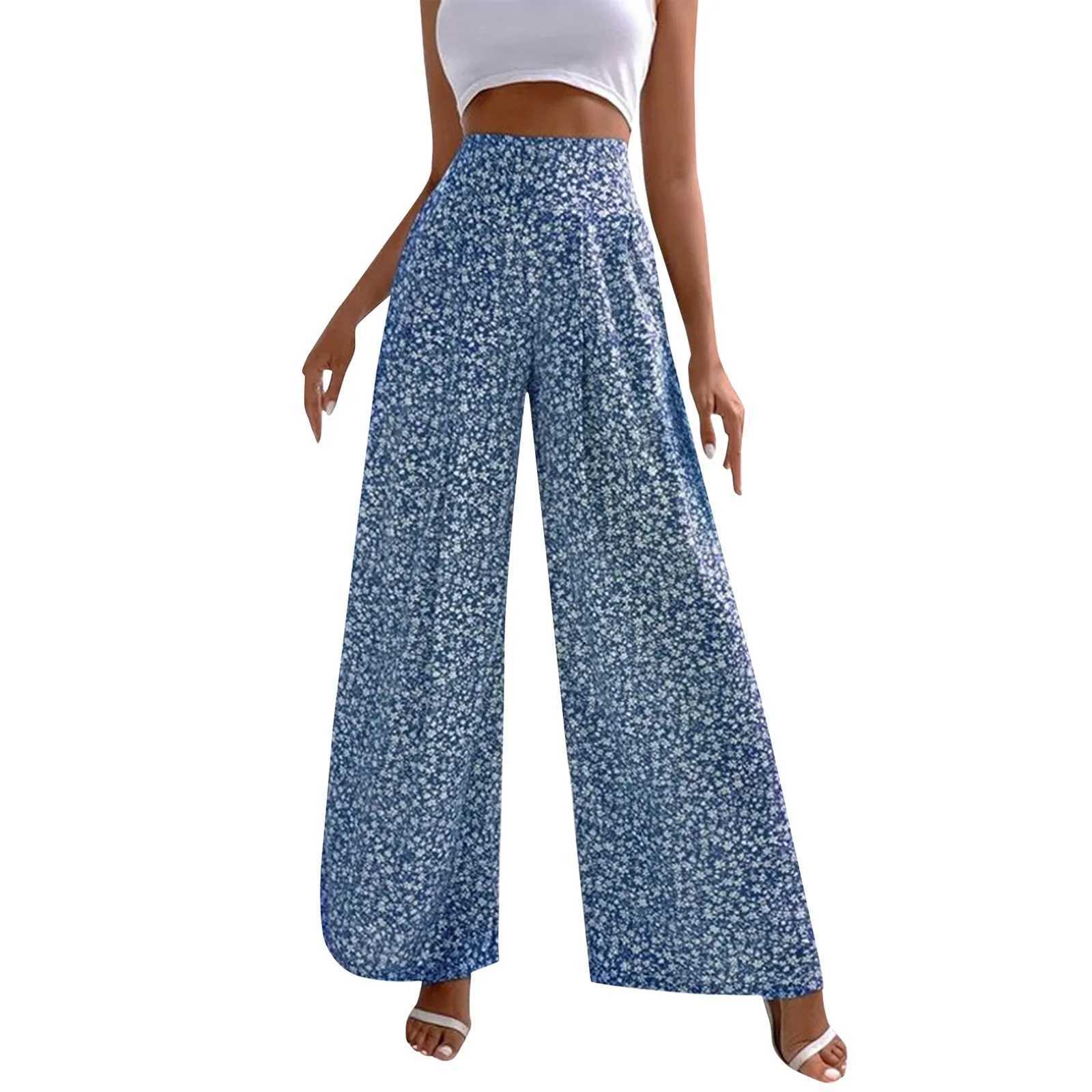 New Floral Printed Fashion Wide Leg Nine Length Trousers For Fe Summer Daily Loose Elastic High Waist Lighweight Long PantsXJ250616