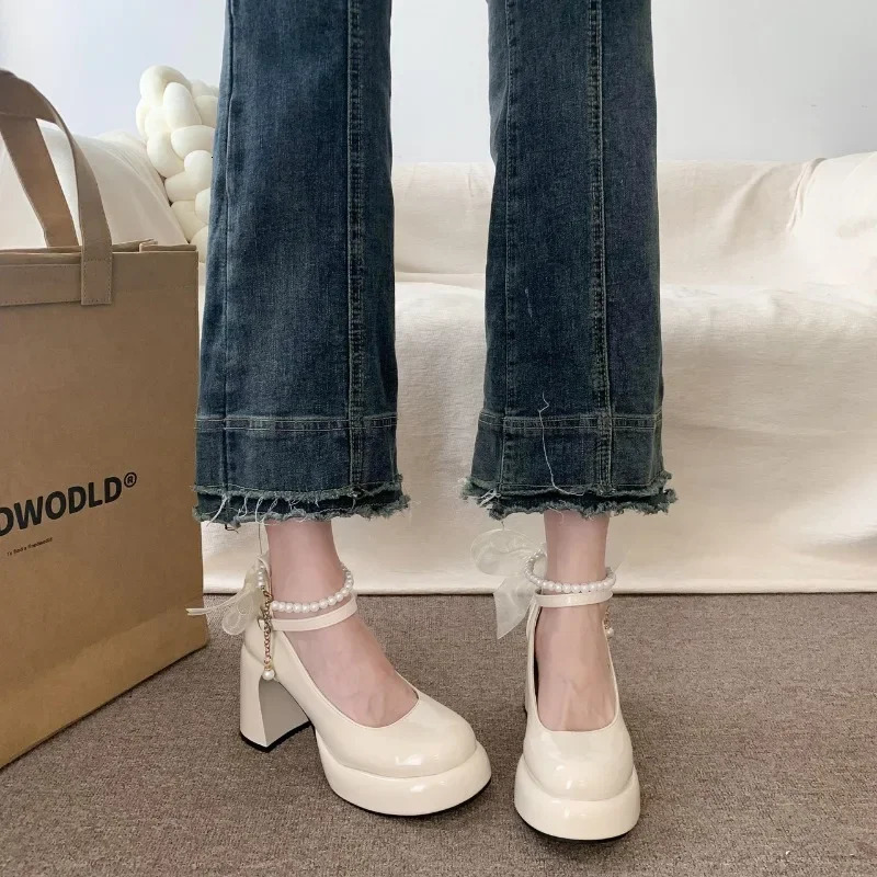 Mary Jane Shoes Womens Spring Ultra-high Heel Pearl Chain with Platform Block Heel Wedding Shoes Lolita Shoes 250614