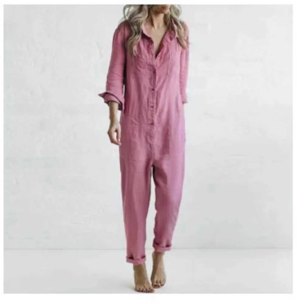 Fashion Cotton Linen Long Sve Pocket Jumpsuit WomenS Autumn Casual Loose Solid Color Shirt Jumpsuit Fe Military RompersXJ250616