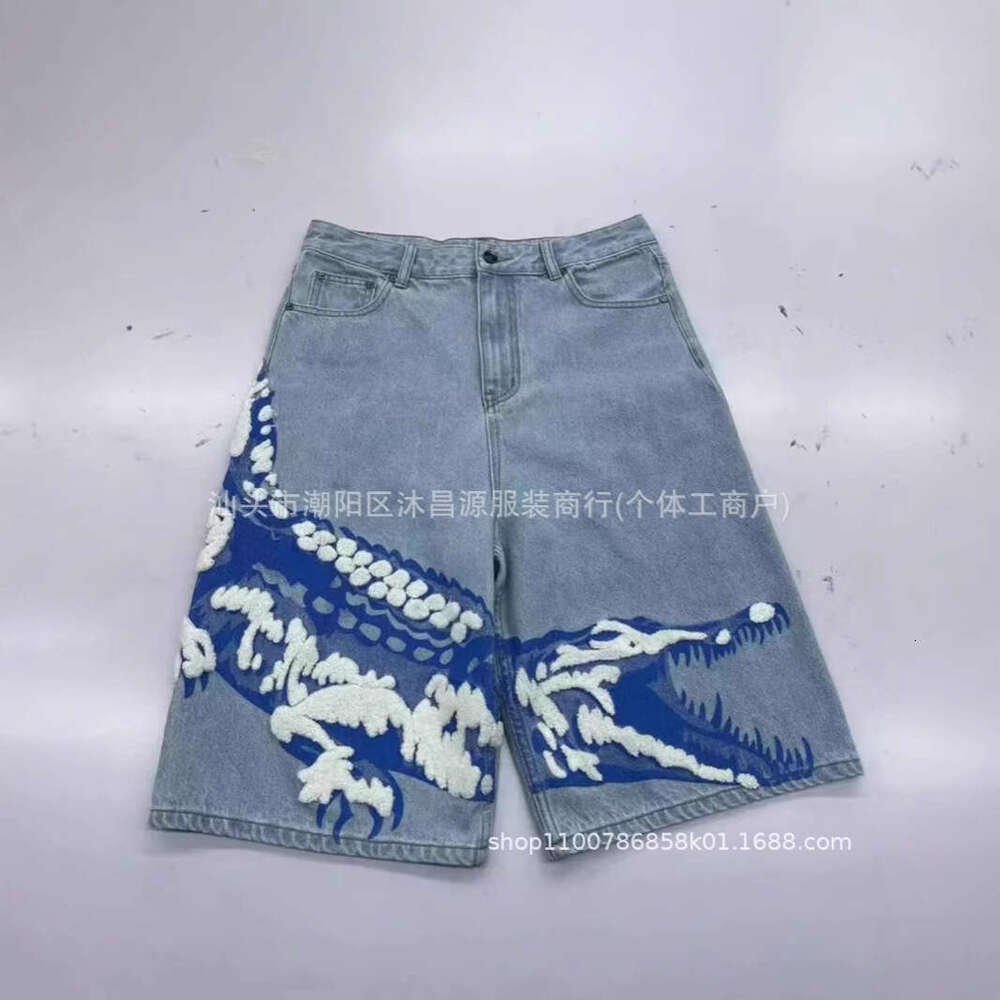 Summer New Fashion Hip-Hop Denim Shorts Men's High Street Niche Casual Printed Wide-Leg Pants
