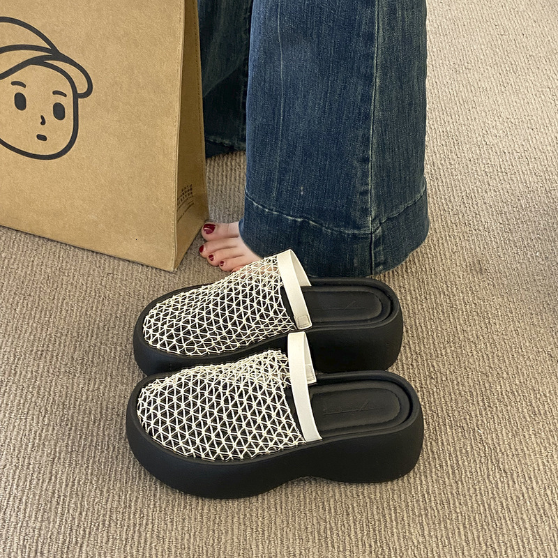 Ddmysports Wedge High Heel Fishnet Hollow Out Closed Toe Mules Women S Shoes Outdoor Summer Internet Celebrity Thick Sole Sandals Outdoor Shoes