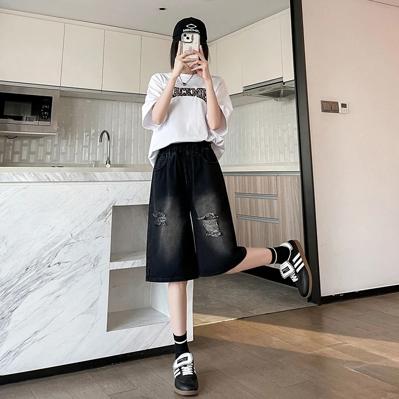 M-6XL Plus Size Denim Shorts For Women Summer High Waist Black Hole Ripped Half Pants Women Black Bermuda Shorts 250609