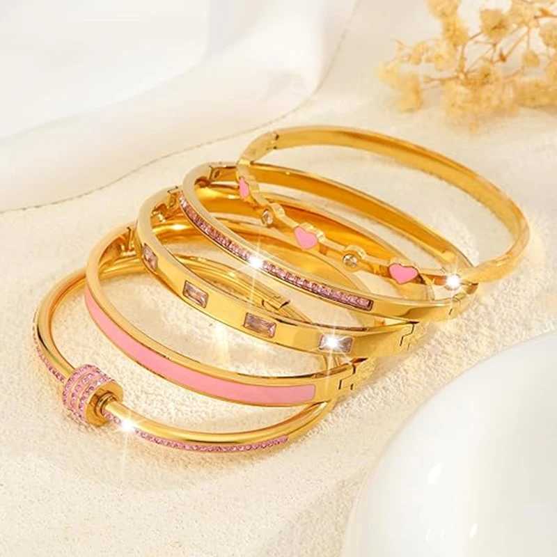 Stackable Gold Color Bangle Set for Women - 18K Gold Plated Stainless Steel Pink Crystal Heart Jewelry Z250616