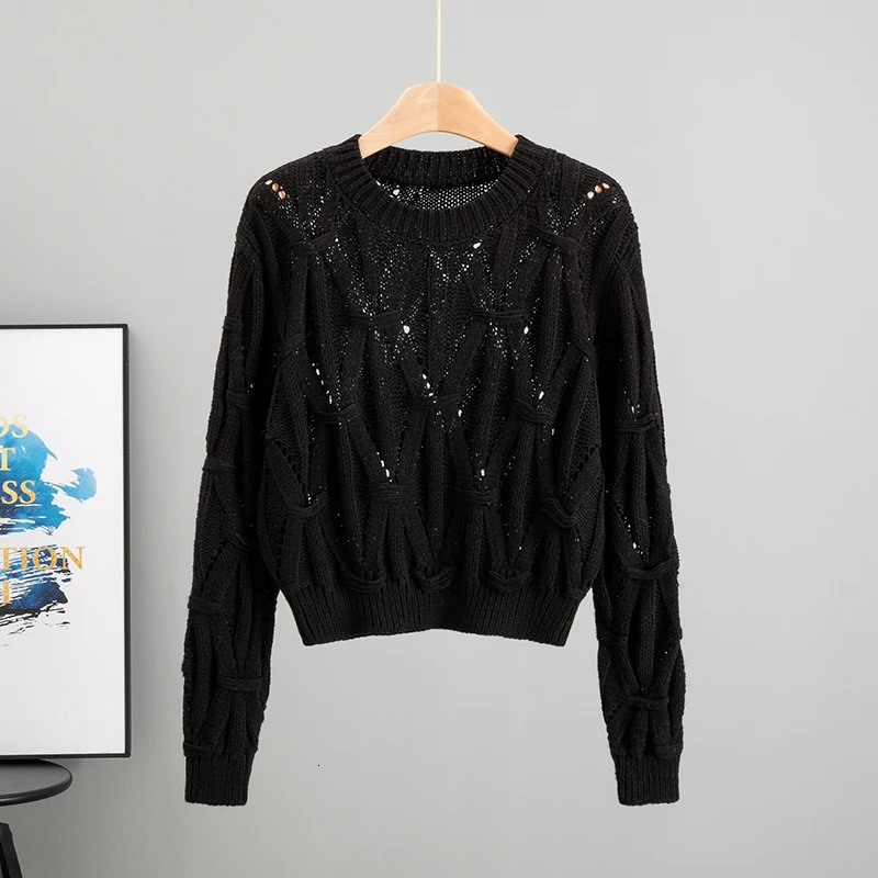 Womens Long Sleeve Top O Neck Knit Lady Autumn Spring Knitted Solid Hollow out Fashion pullover 250614