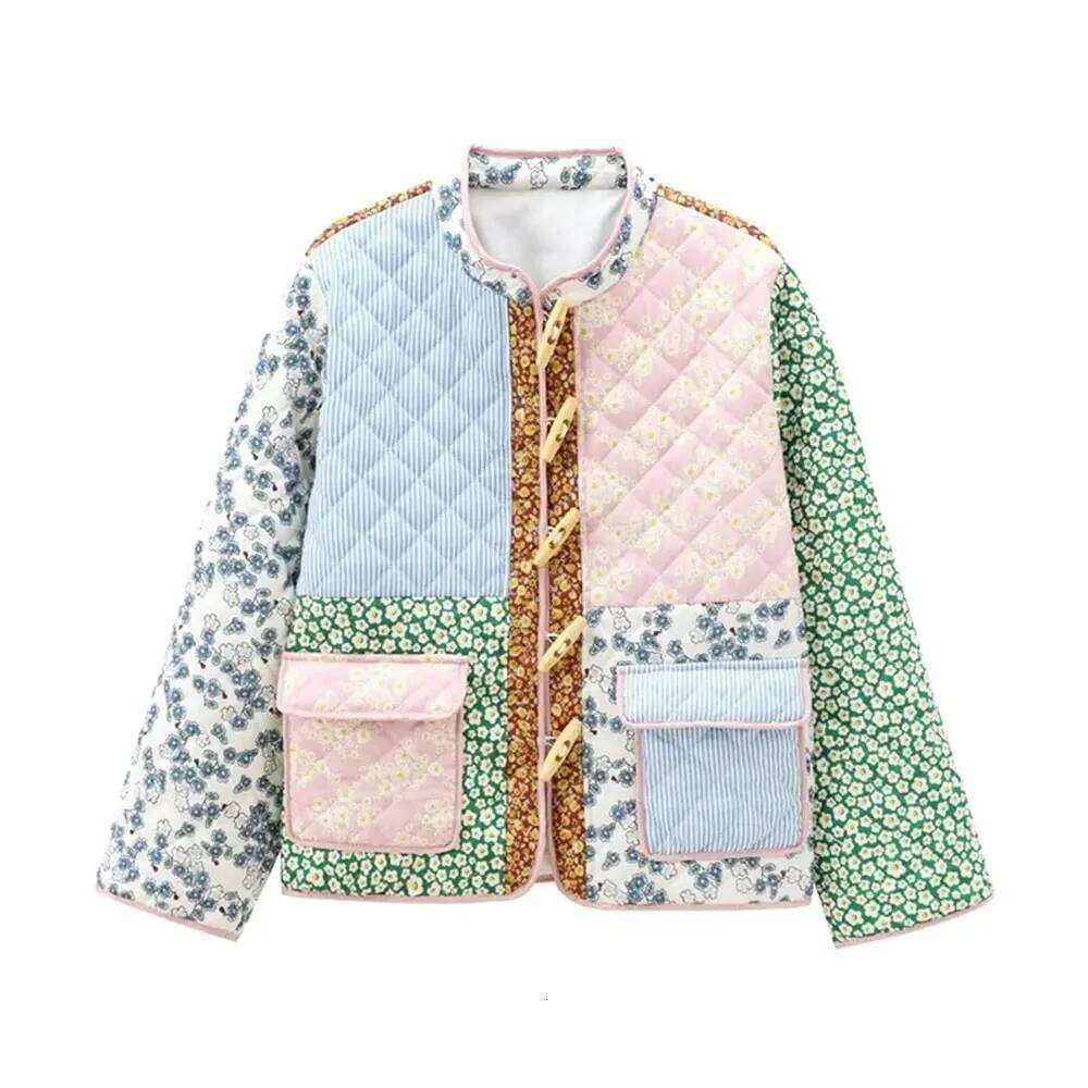 2025 Women Fashion With Pockets Patchwork Jackets Vintage O-Neck Long Sleeves Female Chic Lady Outfits