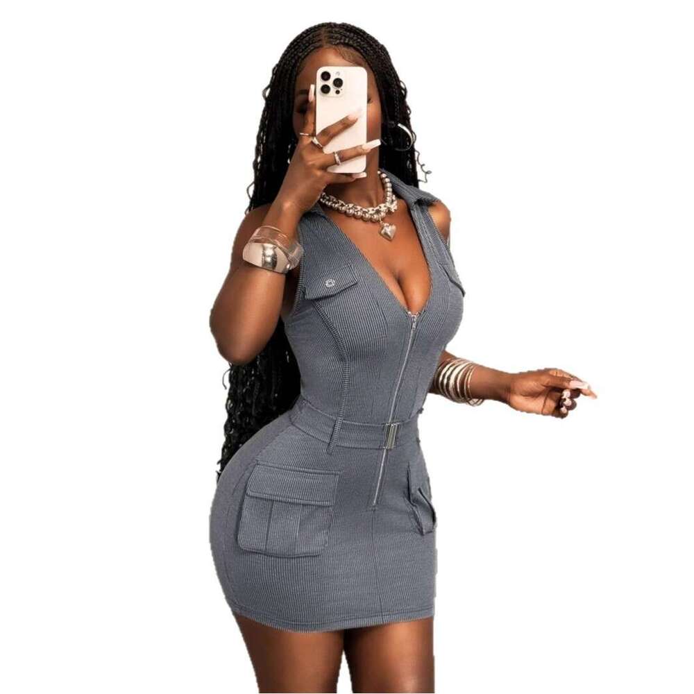 Sexy Hot Girl Sleeveless Bodycon Short Versatile Waist Slimming Workwear Pocket Dress B5