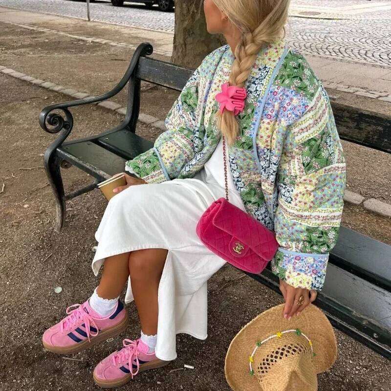 2024 Vintage Flower Print Cotton for Women Casual Lapel Long Sleeve Pocket Coat Female Fashion Streetwear Cardigan Jacket