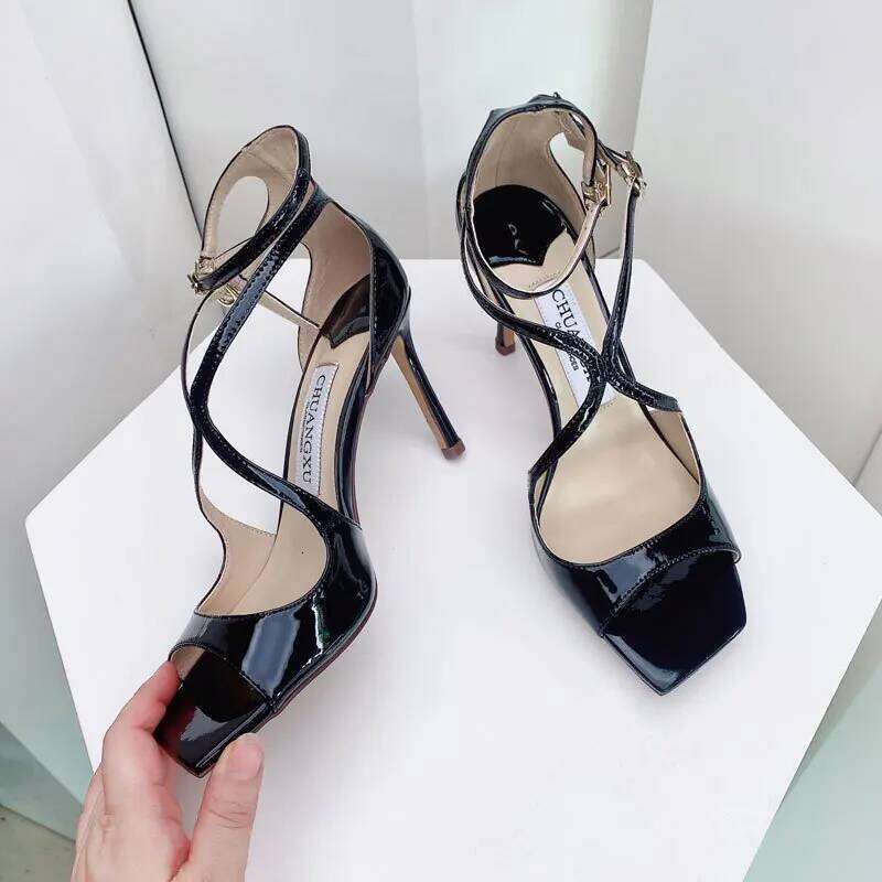 Sequined women Gladiator Sandals Summer Designer shoes For Women 2025 Square Head Hollow High Heels Fashion Ladies Shoes