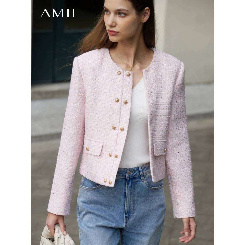Amii Minimalist Jacket For Women 2025 Spring New Elegant Round Neck Straight Shoulder Light Tuxedo Short Coat Women 12321002