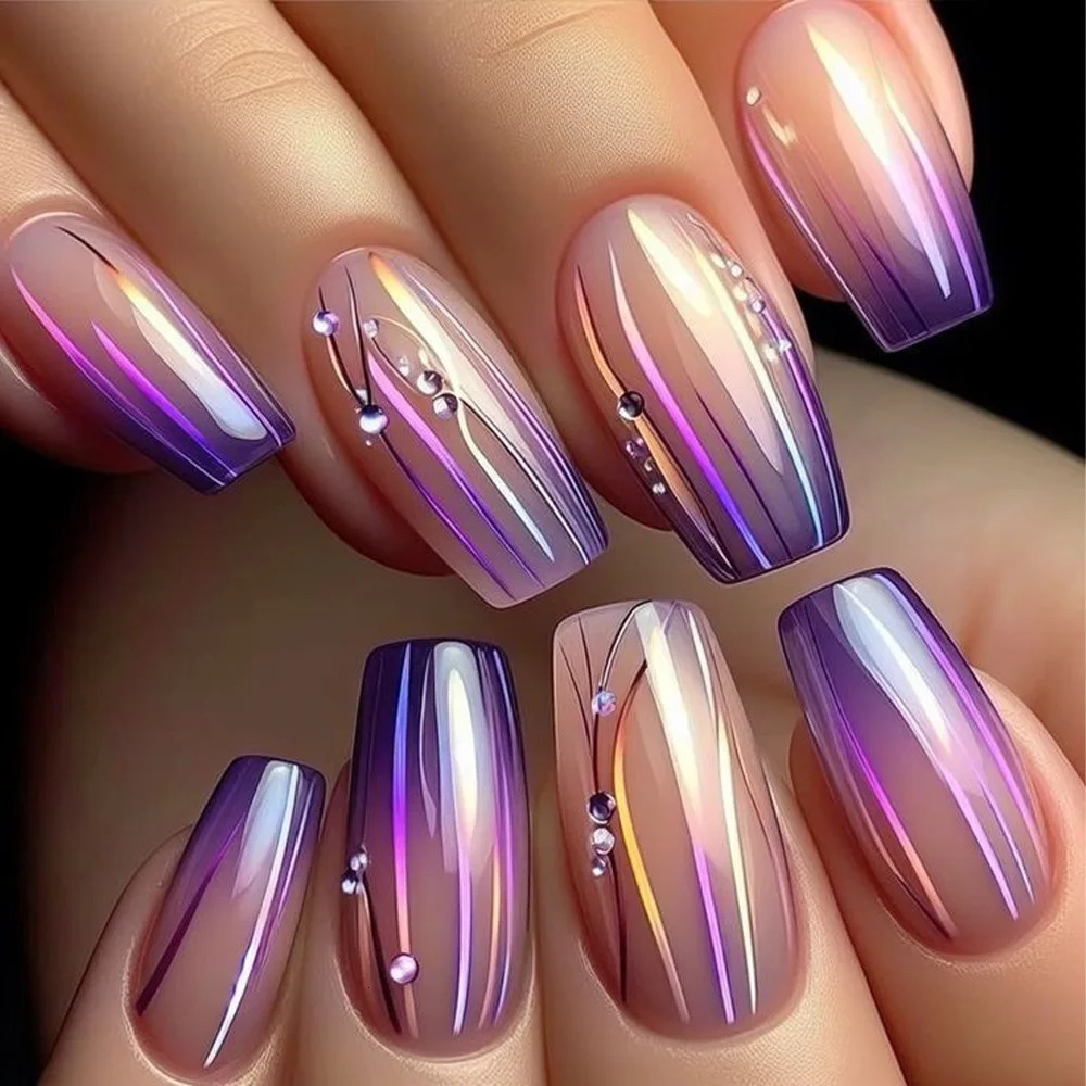24pcs Purple Flower Press on Fake Nails for Women Pink Mid-length Coffin Full Cover Nail Tips False Nails Summer DIY Manicures 250611
