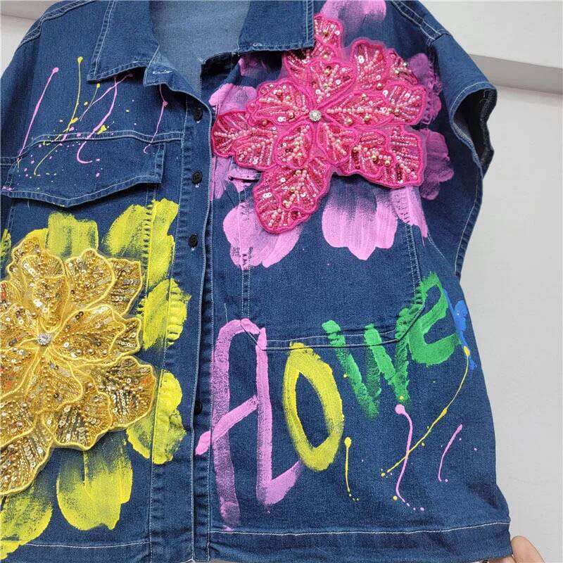 DEAT Fashion Women's Denim Two-pieces Set Loose Heavy Duty Letter Printed Sequins Flowers Coat Elastic Waist Skirts 11A04635