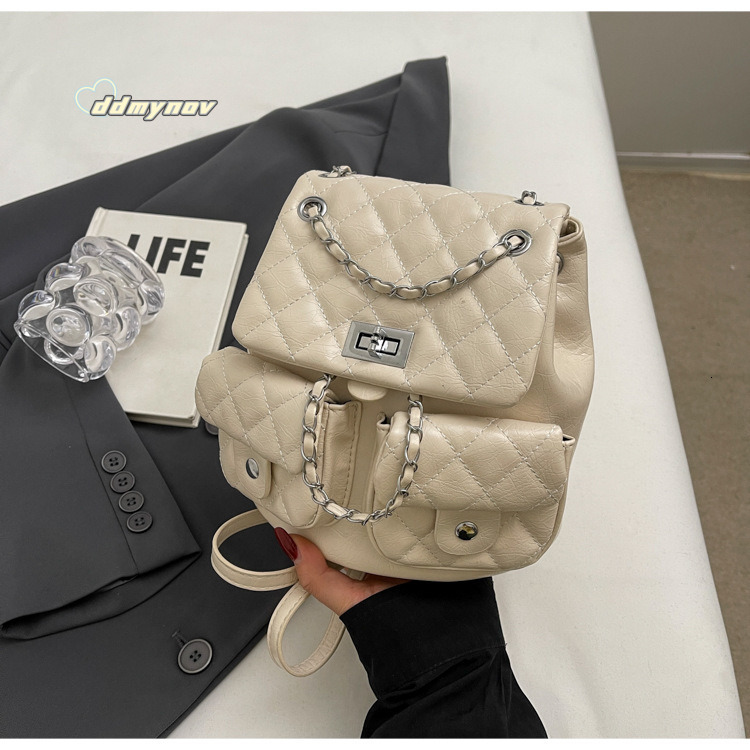Single Shoulder for Female Students, Travel Solid Color Double Pocket Lock Small Backpack, Quilted Simple Bag ddmynov