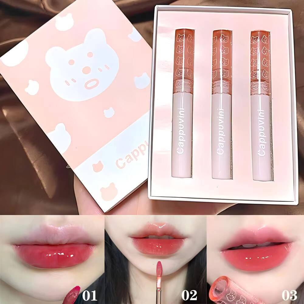 CAPPUVINI 3 Colors Lipstick Set Mirror Glaze Long Lasting Gloss Color Moisturizing Cappuvini Lip Tint happy